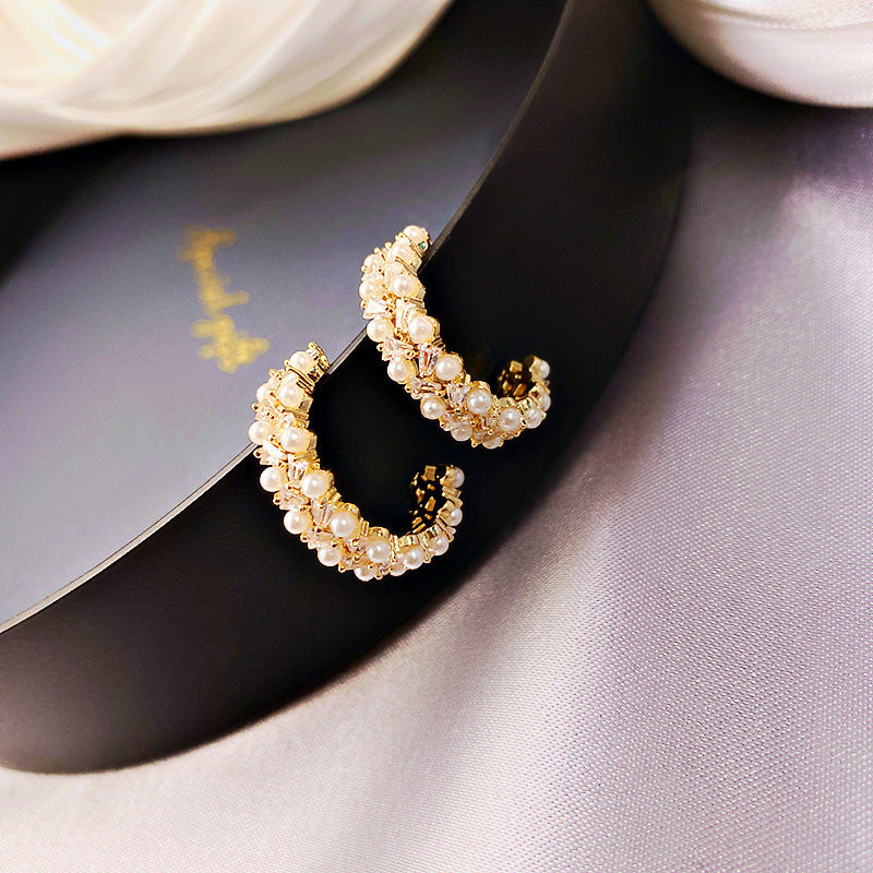 Pearl C-shaped Earrings Female Zircon Micro-set-Jewearrings