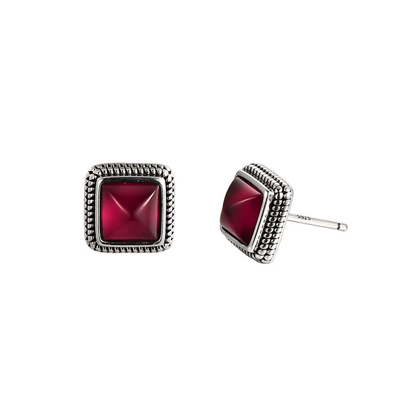 S925 Silver Vintage Court Style Simple Geometric Square Ruby Stud Earrings-Jewearrings