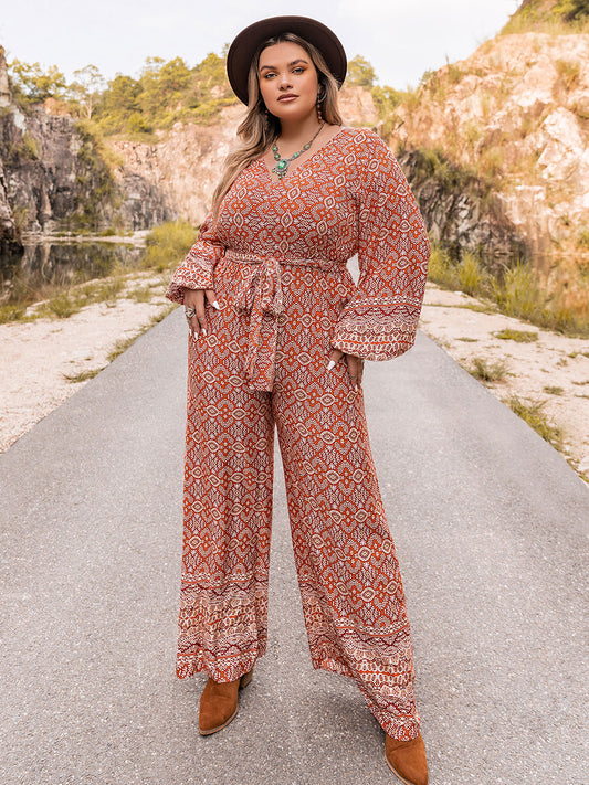 Plus Size Printed V-Neck Tie Front Balloon Sleeve Jumpsuit-Jewearrings