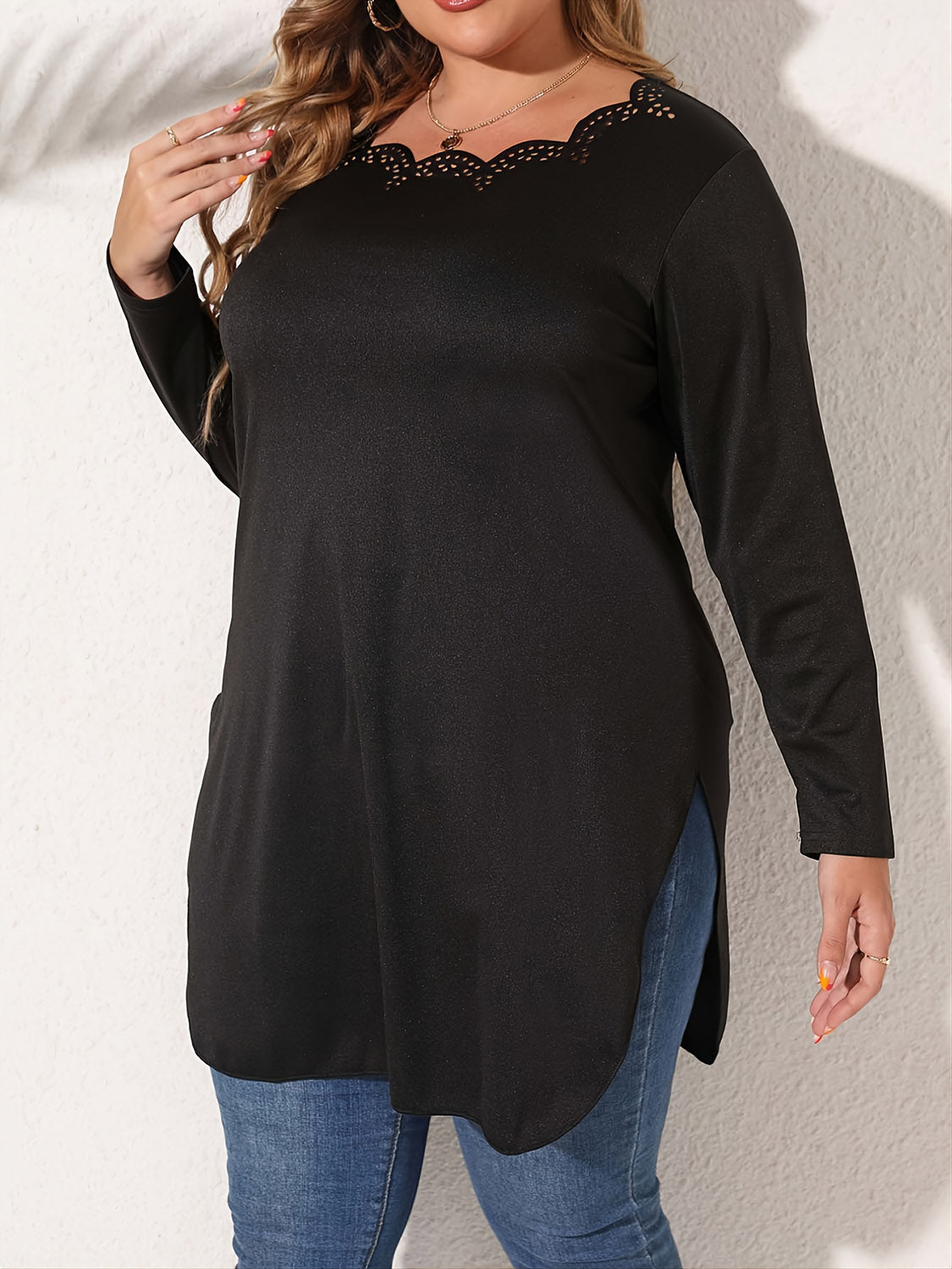 Plus Size Slit Long Sleeve T-Shirt-Jewearrings