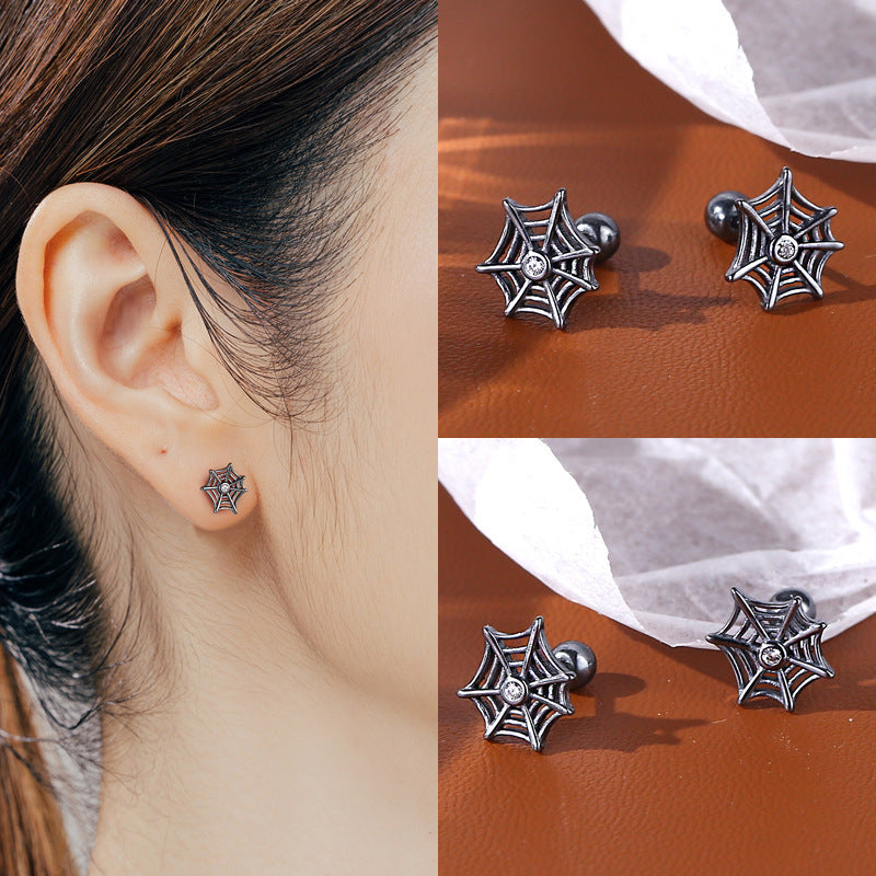 S925 Silver Dark Style Personalized Creative Spider Web Zircon Screw Stud Earrings Halloween-Jewearrings