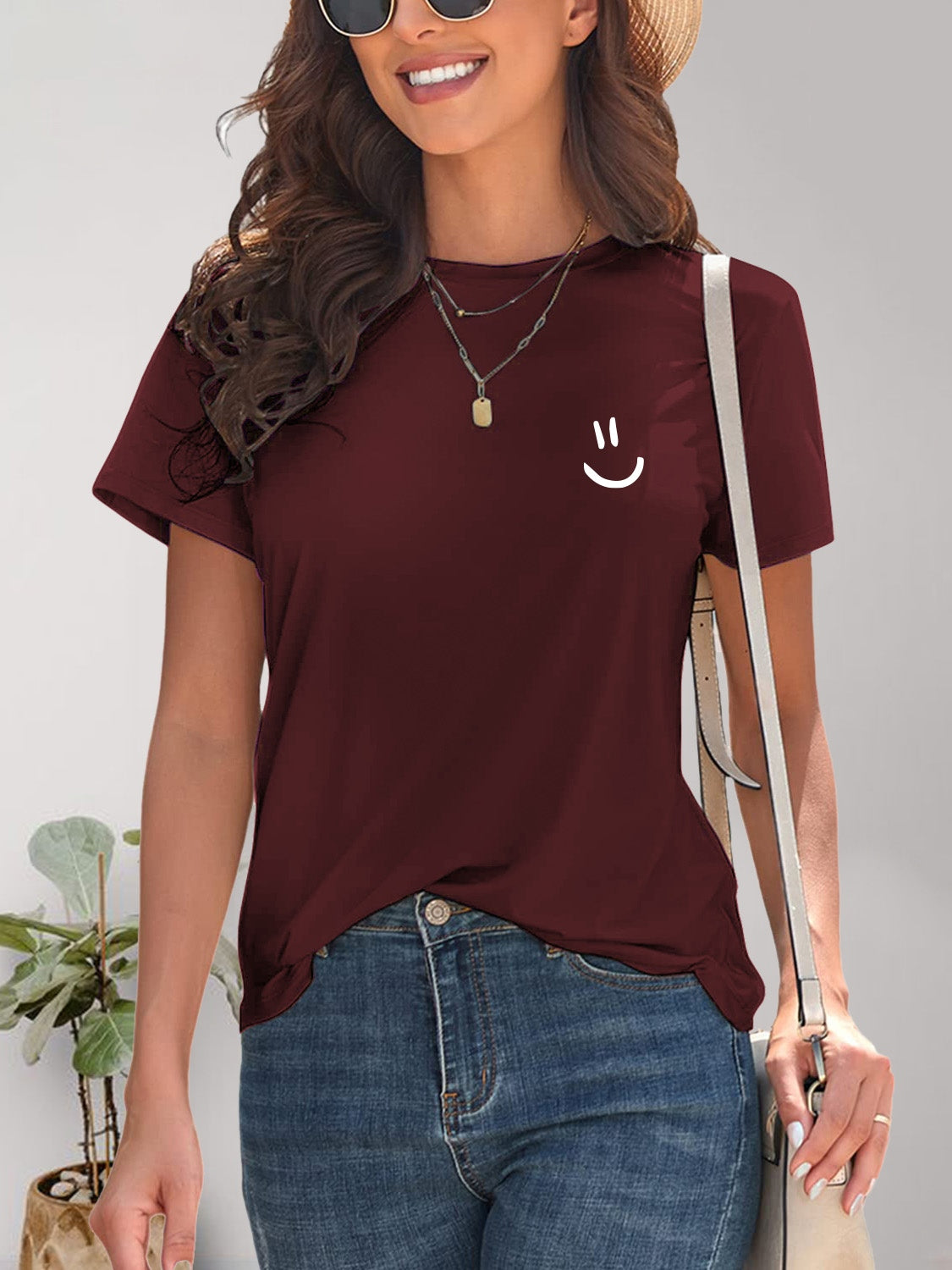 Smile Graphic Round Neck Short Sleeve T-Shirt-Jewearrings