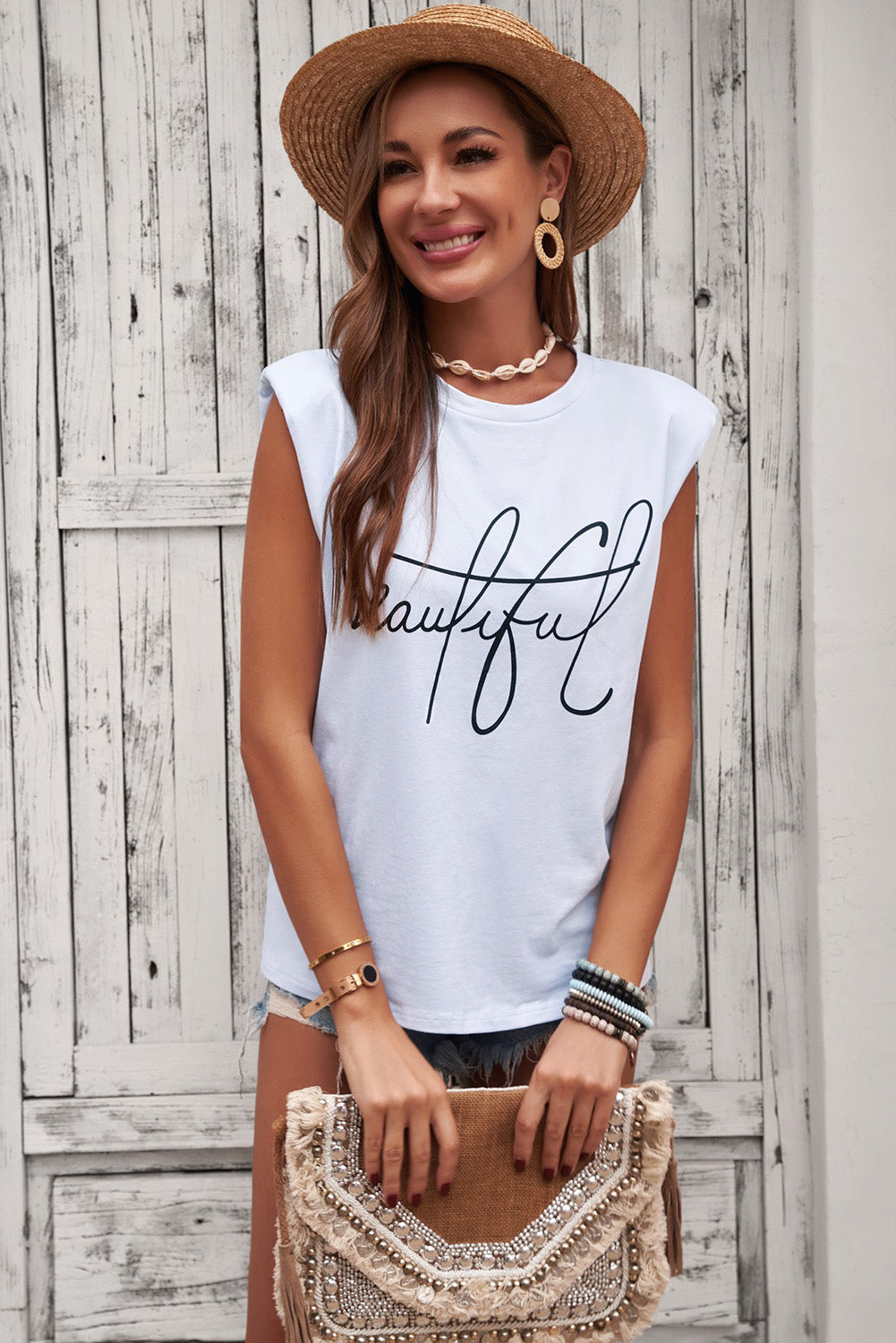 Padded Shoulder Letter Print Tank Top-Jewearrings