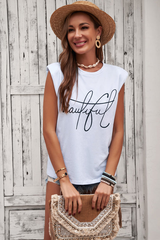 Padded Shoulder Letter Print Tank Top-Jewearrings