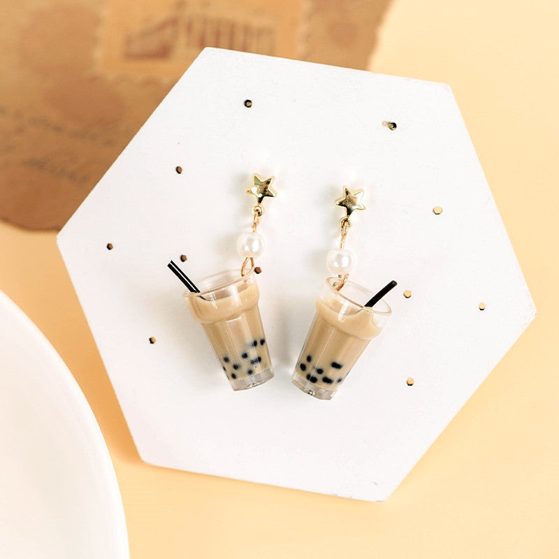 Pearl milk tea female earrings-Jewearrings