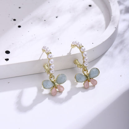 Silver Needle Butterfly Pearl Sweet Earrings Fashion-Jewearrings