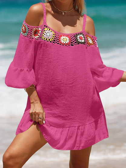 Crochet Cold Shoulder Three-Quarter Sleeve Cover Up-Jewearrings