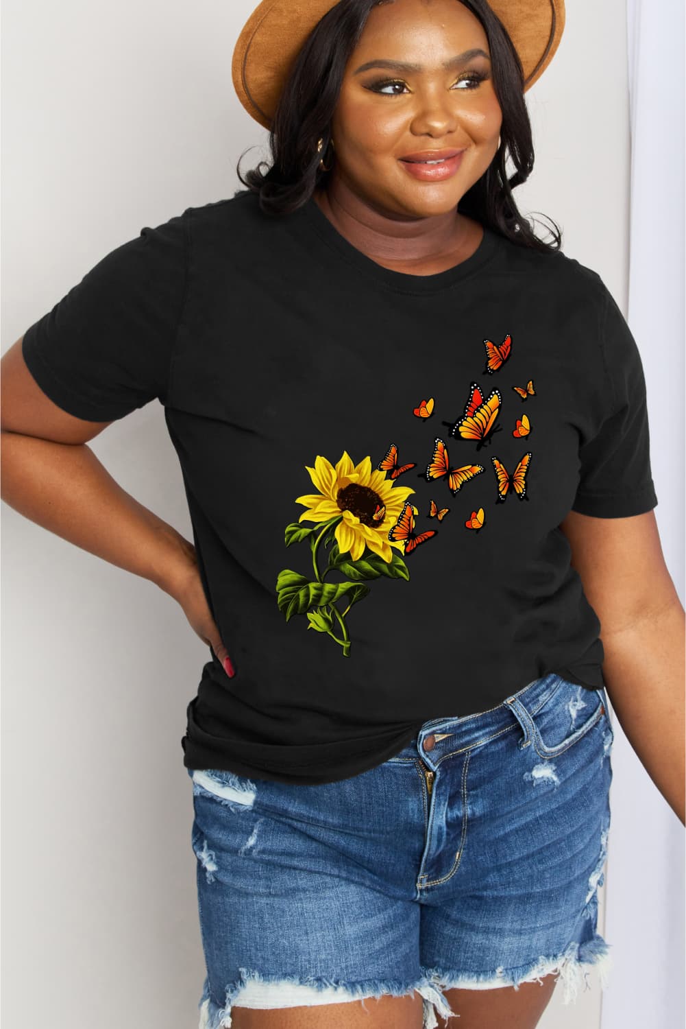 Simply Love Full Size Sunflower Butterfly Graphic Cotton Tee-Jewearrings