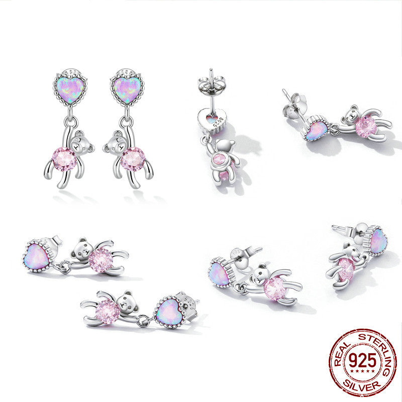 S925 Sterling Silver Zircon Love Bear Stud Earrings-Jewearrings