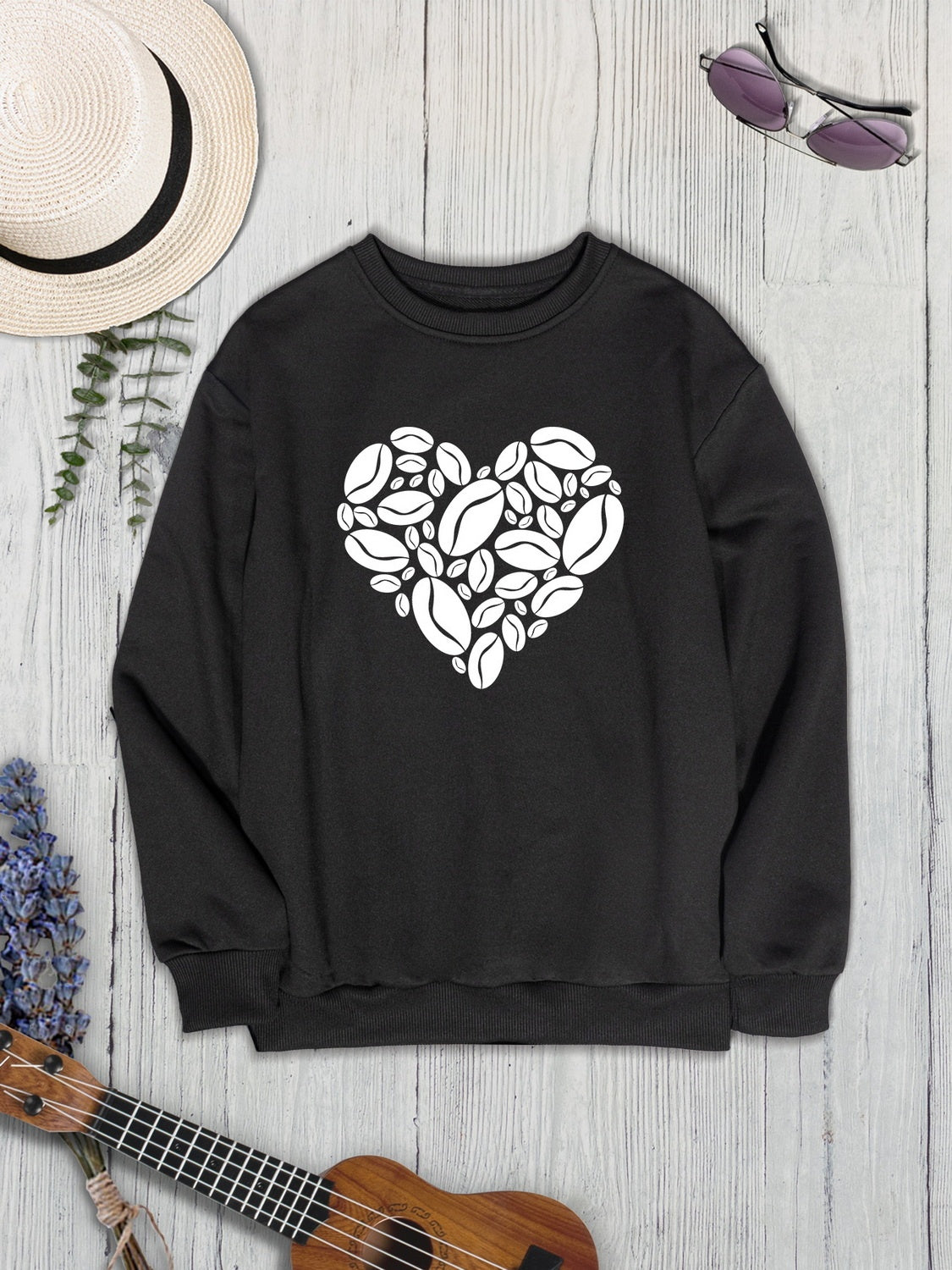 Heart Round Neck Dropped Shoulder Sweatshirt-Jewearrings