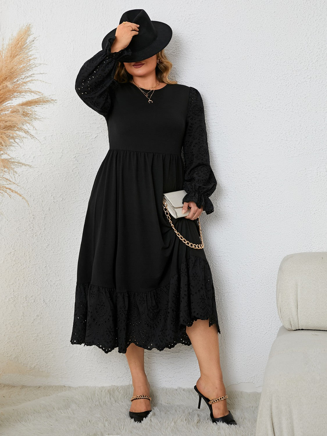 Plus Size Flounce Sleeve Lace Detail Dress-Jewearrings