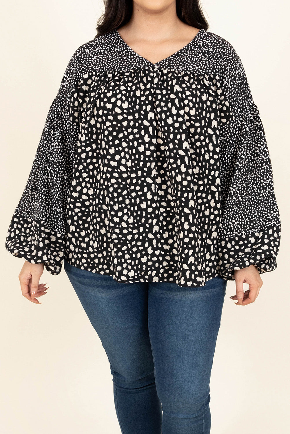 Plus Size Animal Print Balloon Sleeve Blouse-Jewearrings