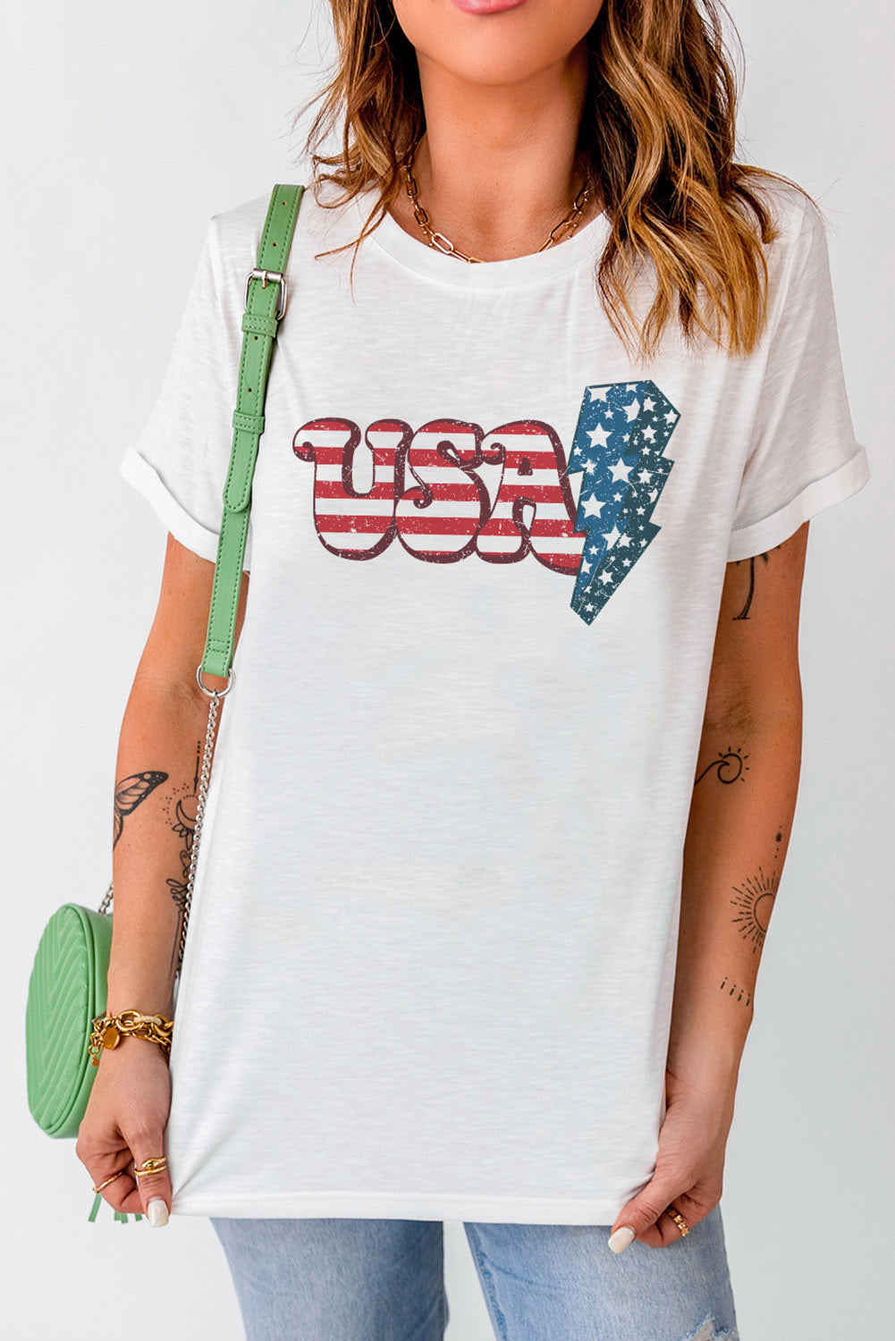 USA Lightning Graphic Round Neck Tee-Jewearrings