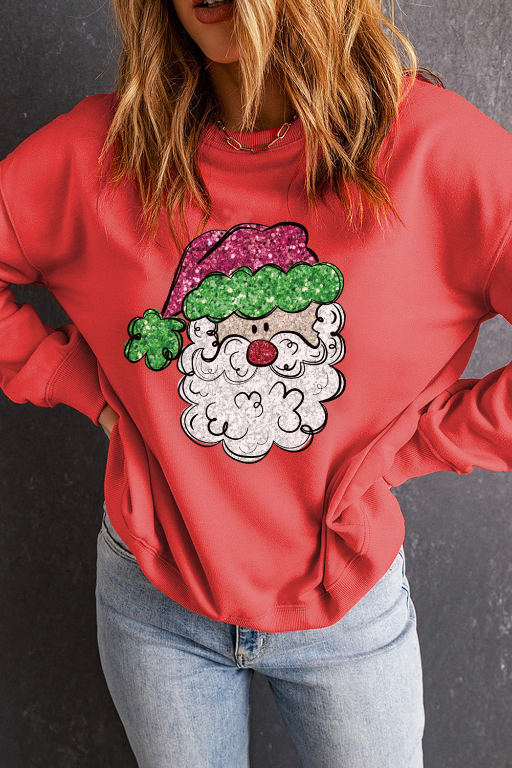 Santa Graphic Round Neck Long Sleeve Sweatshirt-Jewearrings