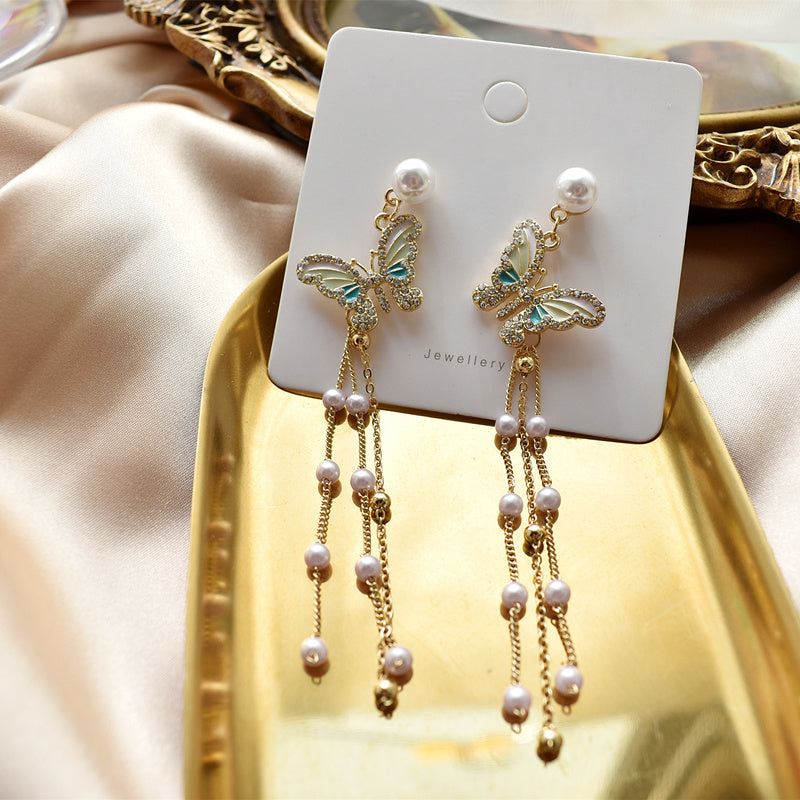 S925 Silver Needle Super Fairy Pearl Tassel Earrings Pearl Butterfly-Jewearrings