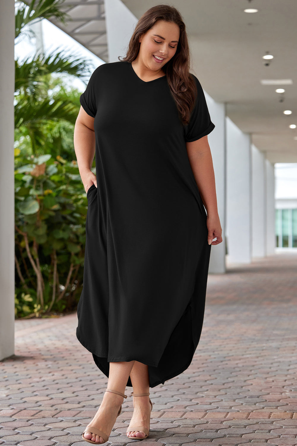 Plus Size V-Neck Short Sleeve Maxi Dress-Jewearrings