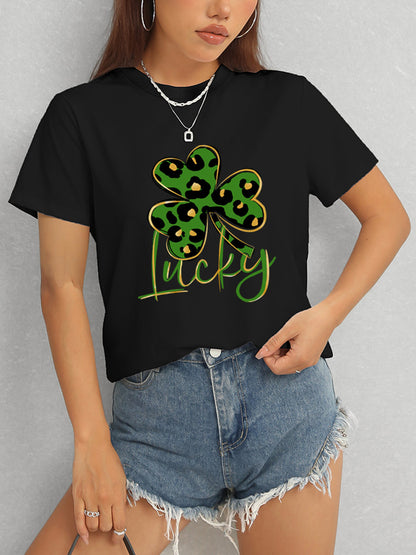 Lucky Clover Round Neck Short Sleeve T-Shirt-Jewearrings