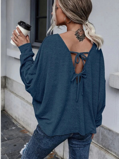 Full Size Round Neck Dropped Shoulder Tied T-Shirt-Jewearrings