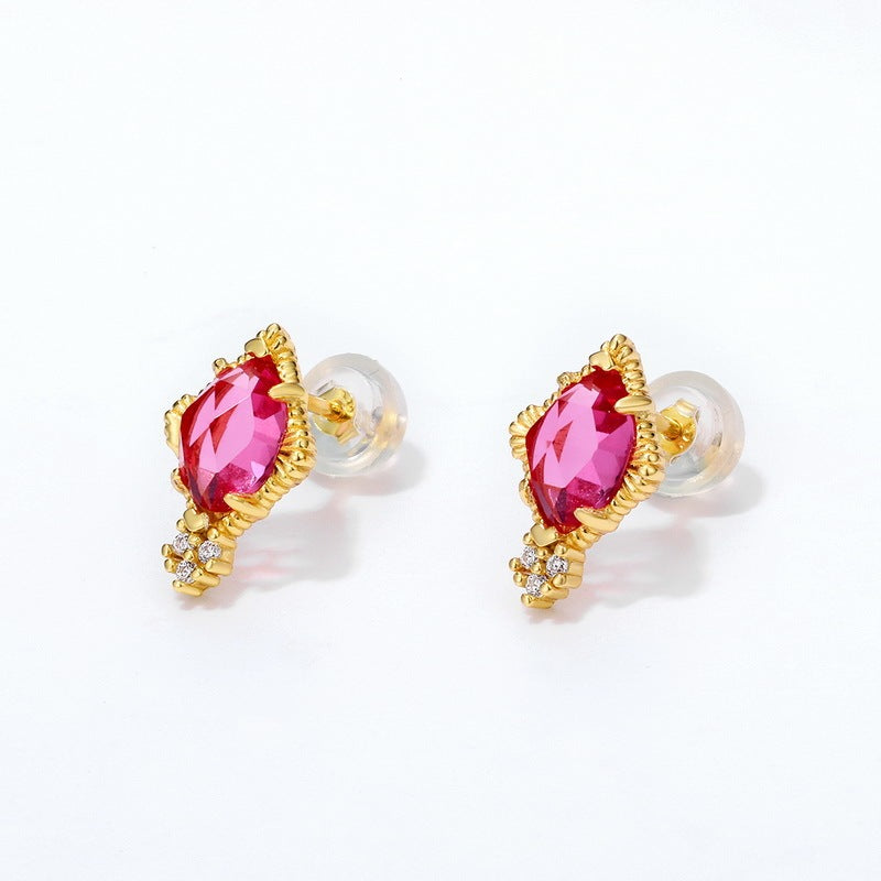 Synthetic Ruby Stud Female 925 Silver 9K Gold Plated Geometric Retro Earrings-Jewearrings