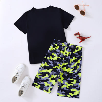 Boys Dinosaur Graphic Tee and Camouflage Shorts Set-Jewearrings