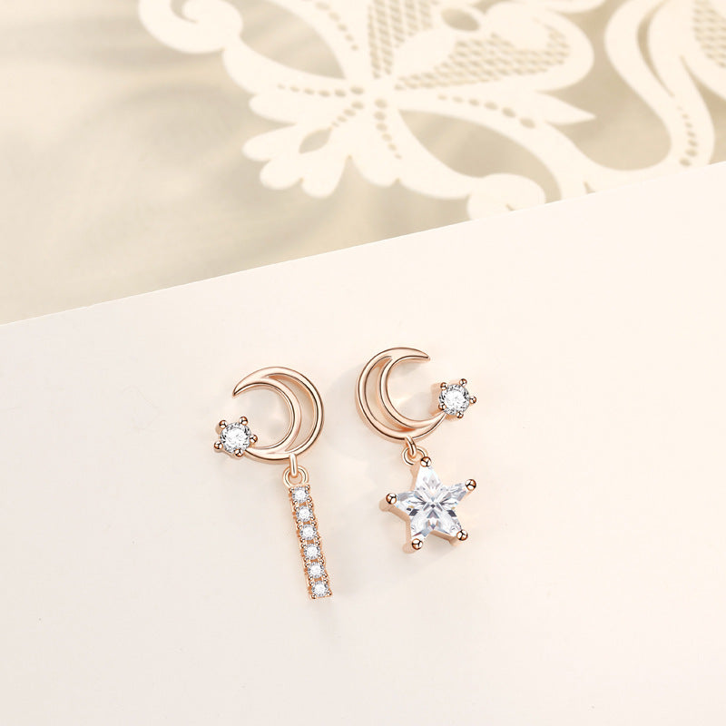 Women's Sterling Silver Rose Gold Plated Star And Moon Tassel Stud Earrings-Jewearrings