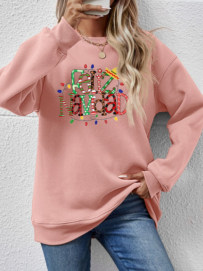 FELIZ NAVIDAD Round Neck Drop Shoulder Sweatshirt-Jewearrings