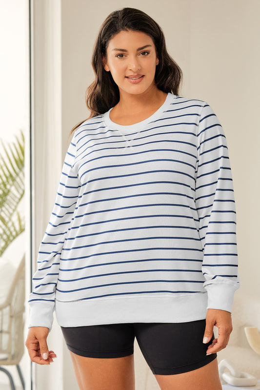 Plus Size Striped Round Neck Long Sleeve T-Shirt-Jewearrings