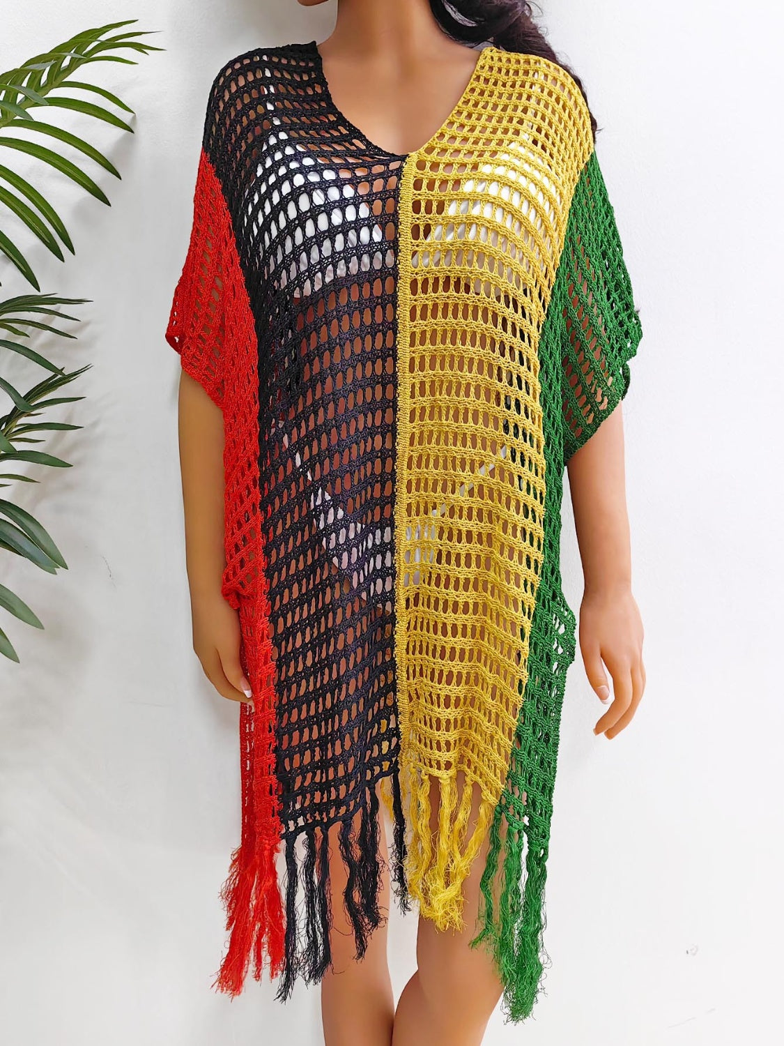 Fringe Color Block Scoop Neck Cover Up-Jewearrings