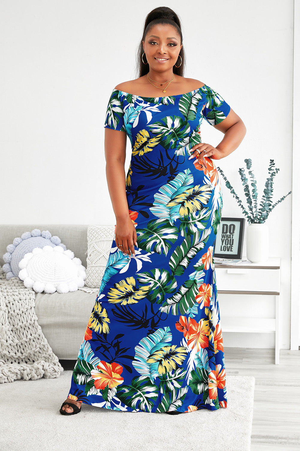 Plus Size Floral Off-Shoulder Short Sleeve Fishtail Dress-Jewearrings