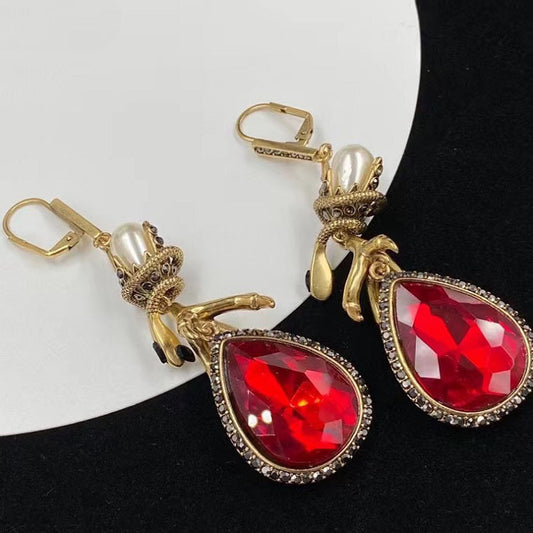 Women's Pearl Rhinestone With Ruby Earrings-Jewearrings