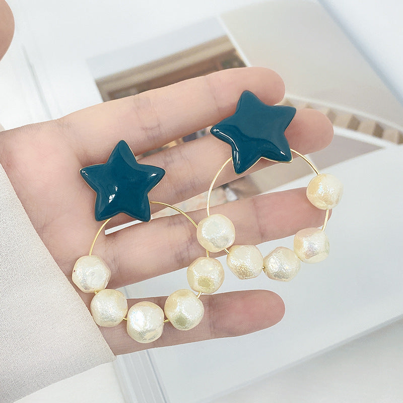 Irregular Pearl Earrings Earrings Ins Net Red Five-pointed Star Earrings-Jewearrings