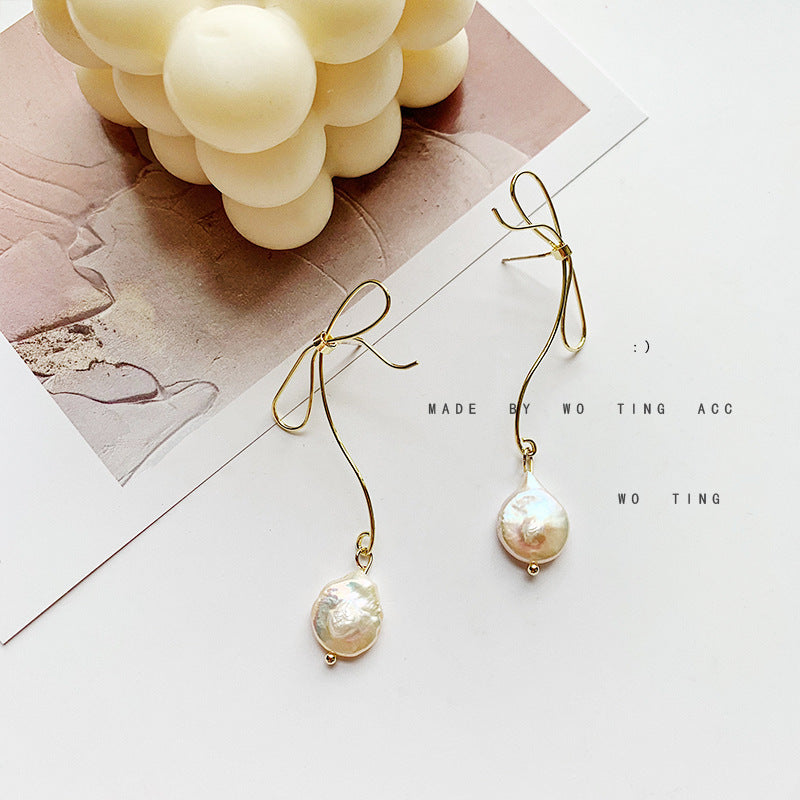 Temperament Metal Bow Natural Pearl Long Earrings-Jewearrings