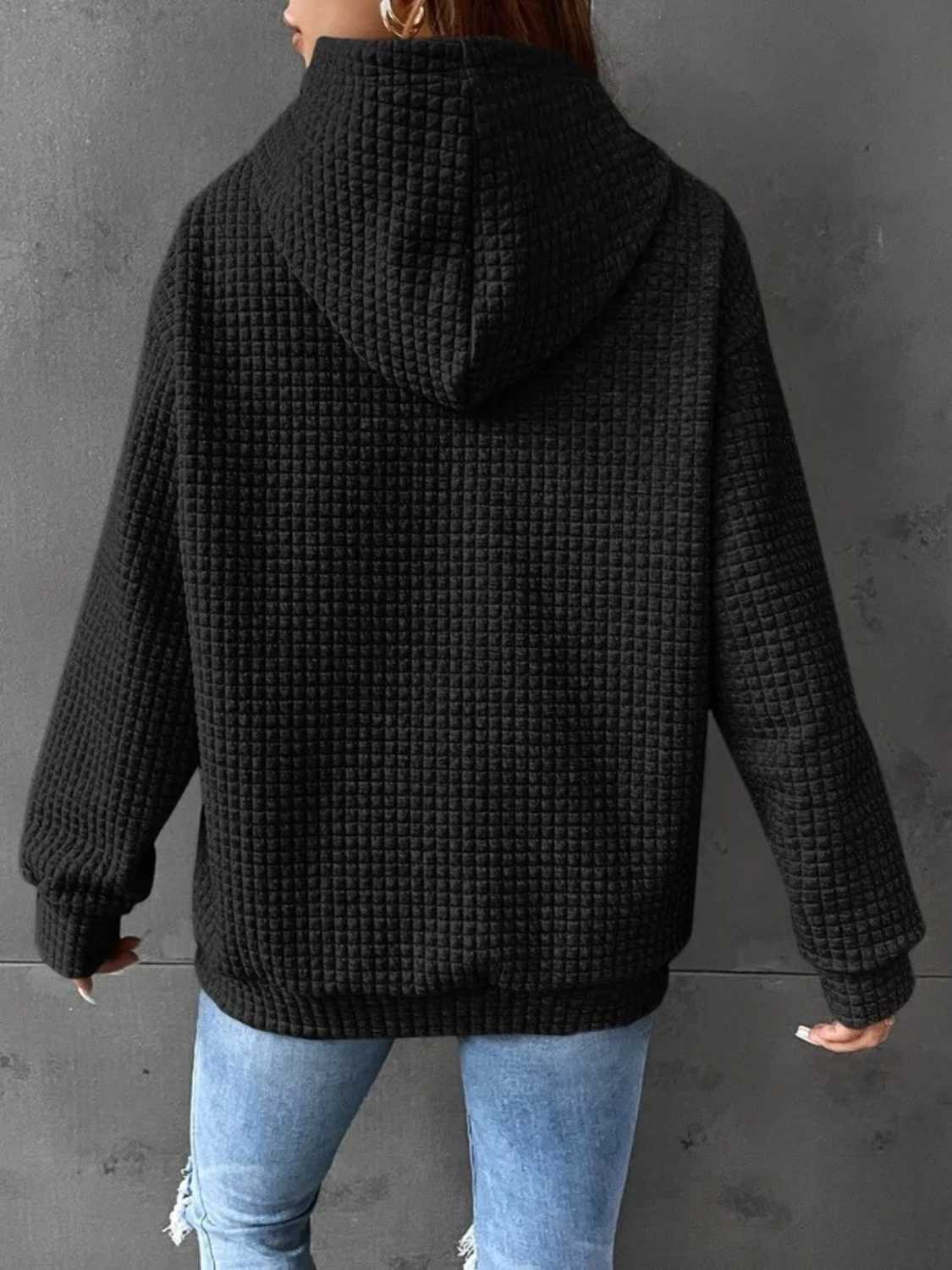 Full Size WHAT Graphic Waffle-Knit Long Sleeve Drawstring Hoodie-Jewearrings