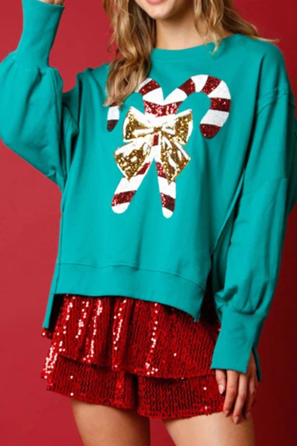 Candy Cane Slit Dropped Shoulder Sweatshirt-Jewearrings