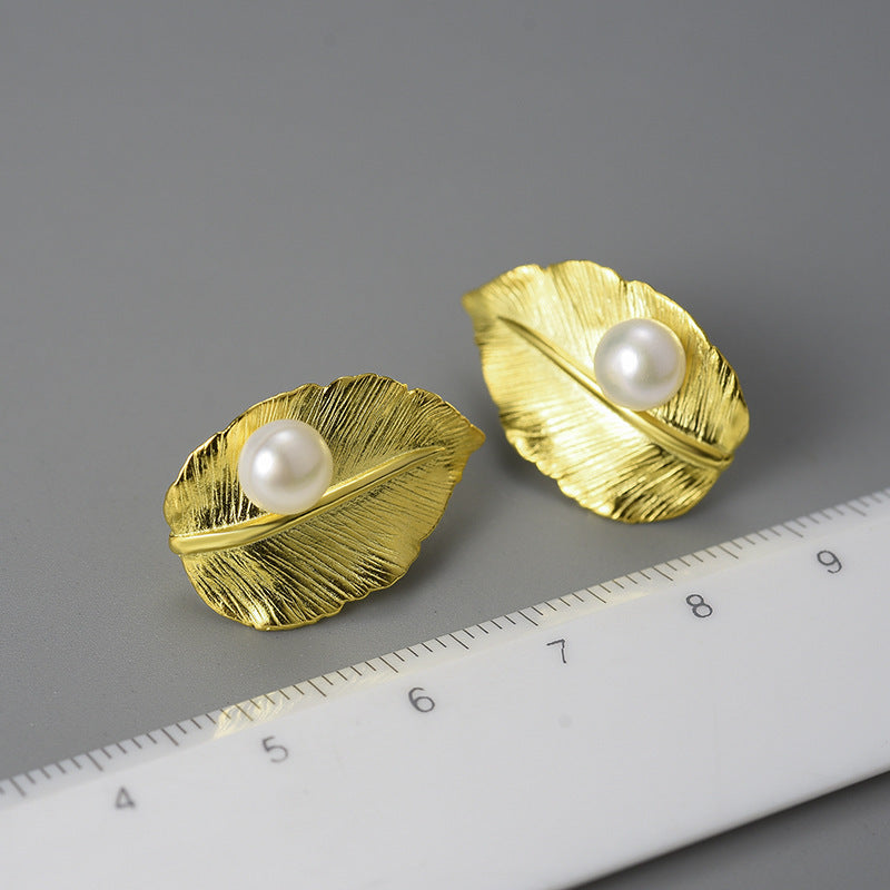 Sterling Silver Leaf Pearl Earrings-Jewearrings