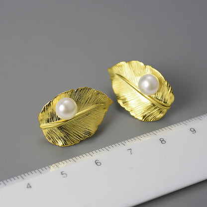 Sterling Silver Leaf Pearl Earrings-Jewearrings