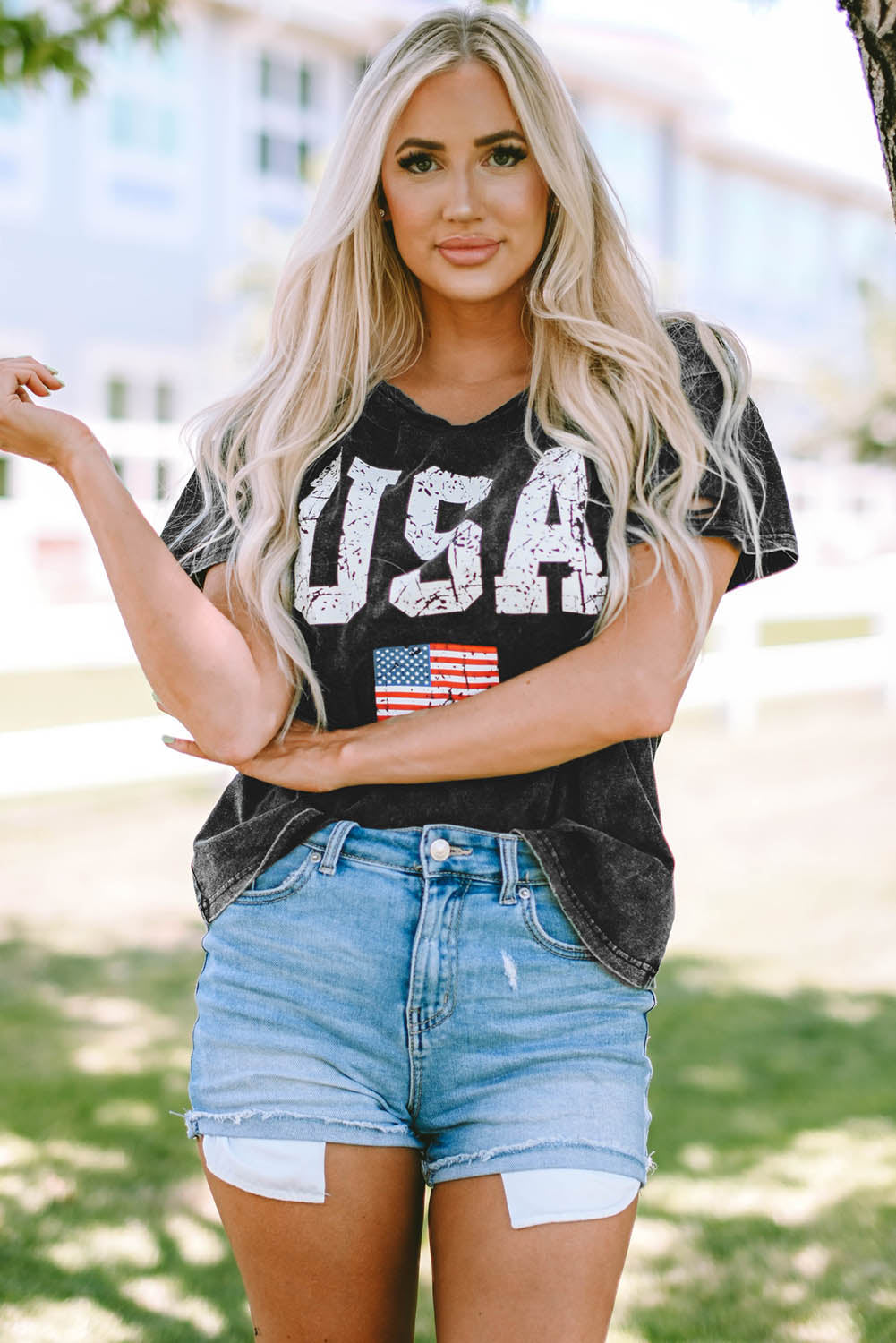 USA Cutout Round Neck Short Sleeve T-Shirt-Jewearrings