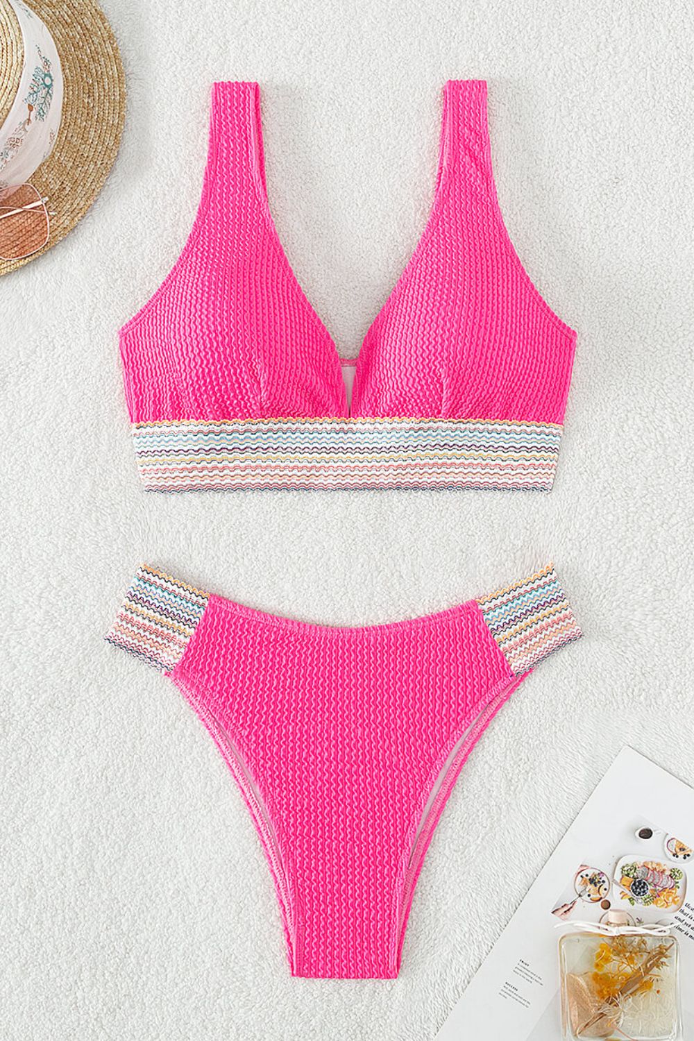 Contrast Textured High Cut Swim Set-Jewearrings