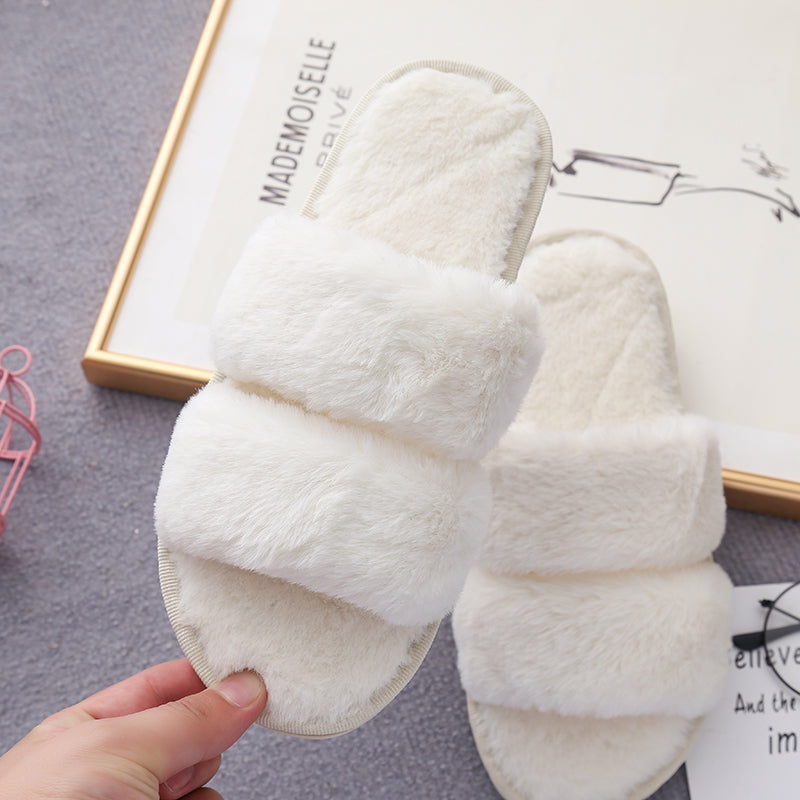 Faux Fur Double Strap Slippers-Jewearrings