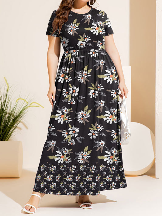 Plus Size Printed Round Neck Short Sleeve Maxi Dress-Jewearrings