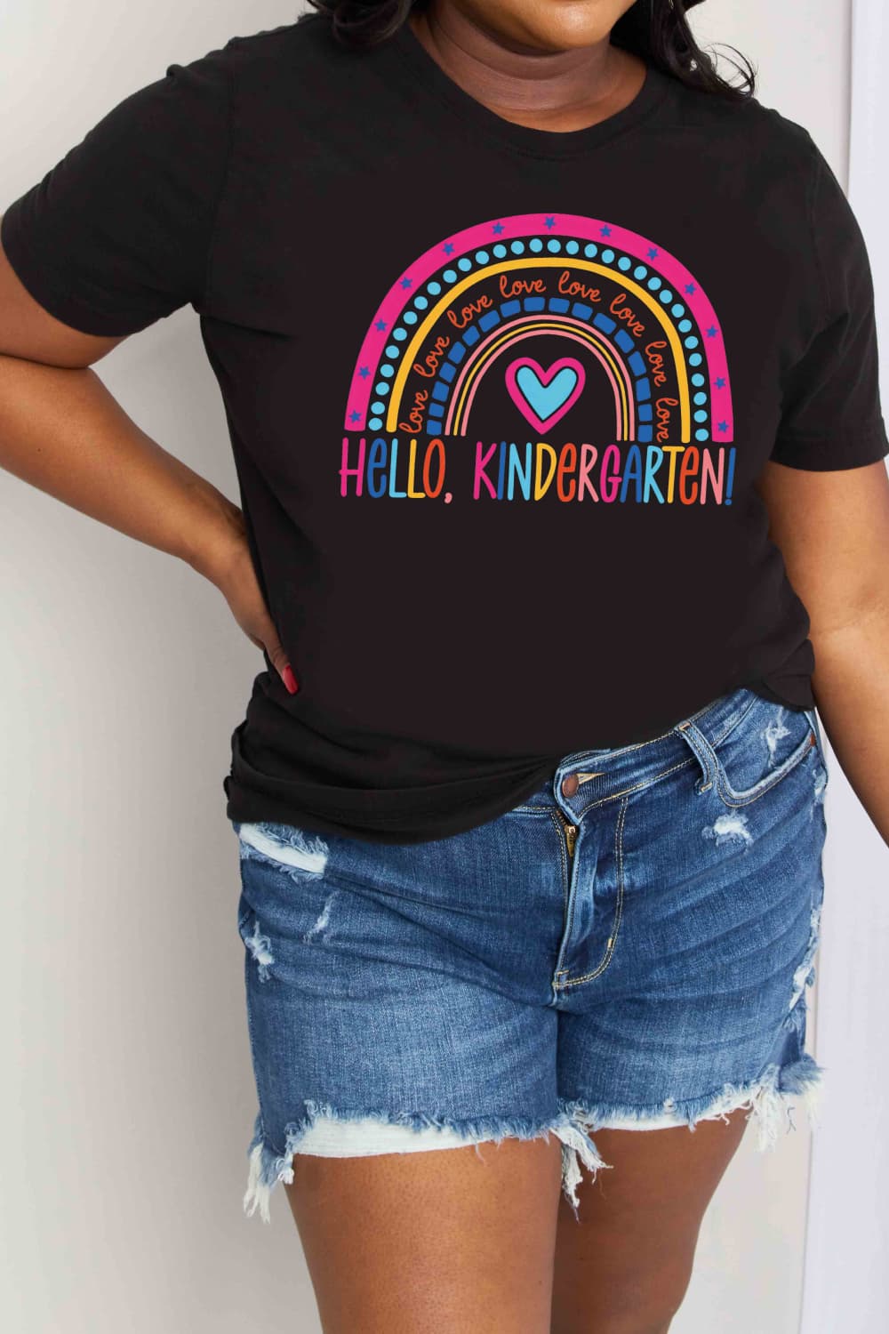 Simply Love Full Size LOVE HELLO KINDERGARTEN Rainbow Graphic Cotton Tee-Jewearrings