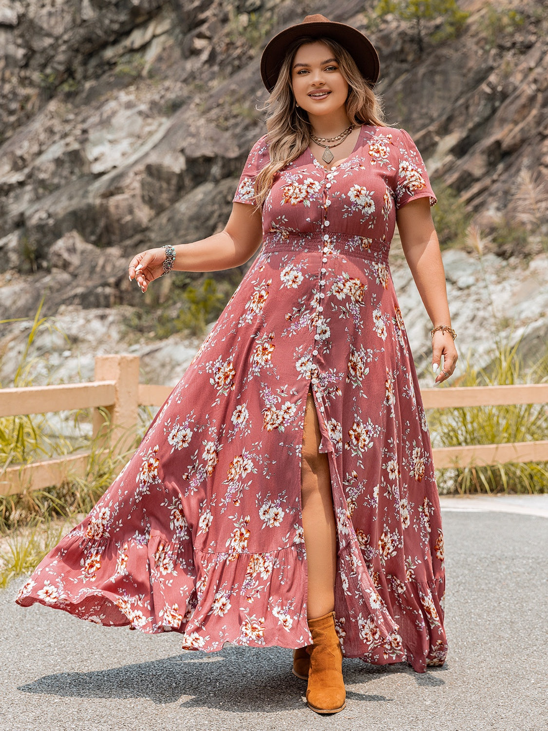 Plus Size Floral Slit Ruffle Hem Dress-Jewearrings