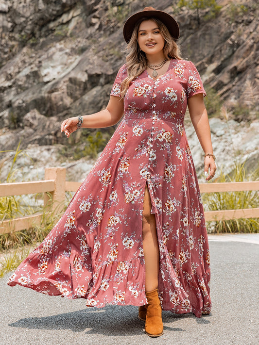 Plus Size Floral Slit Ruffle Hem Dress-Jewearrings