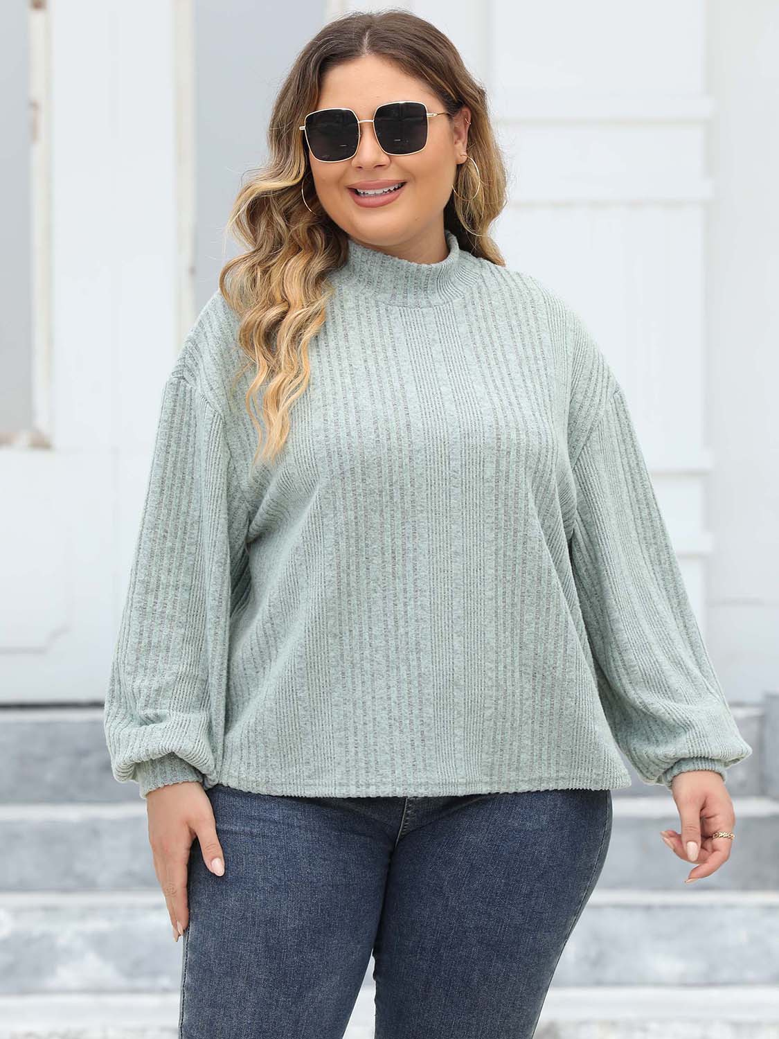 Plus Size Mock Neck Long Sleeve Knit Top-Jewearrings