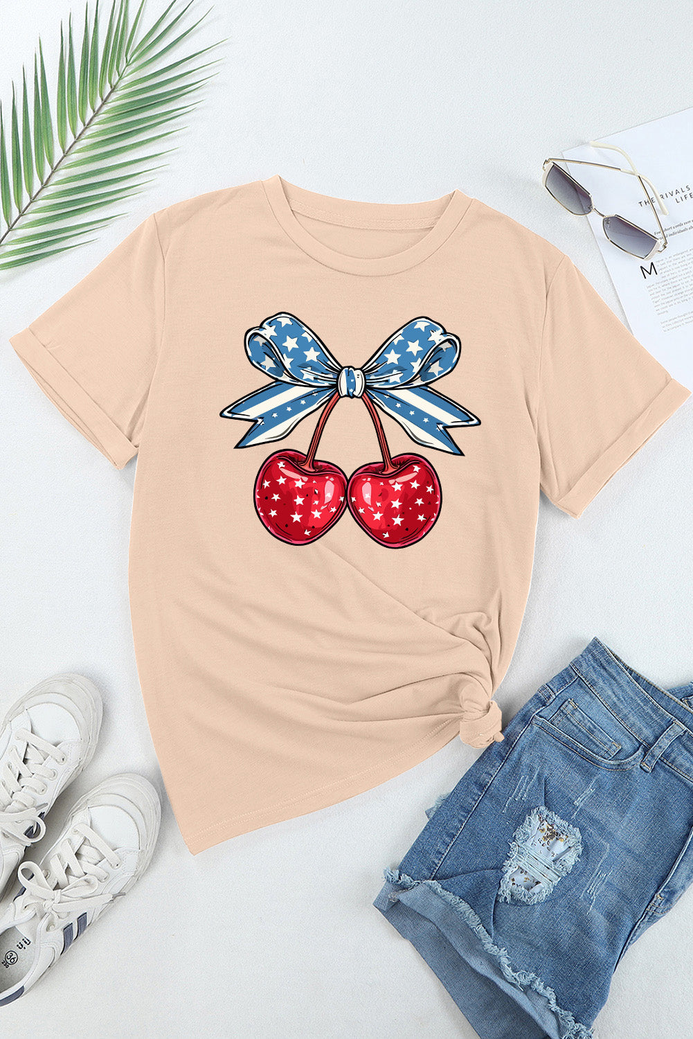 Cherry Graphic Round Neck Short Sleeve T-Shirt-Jewearrings