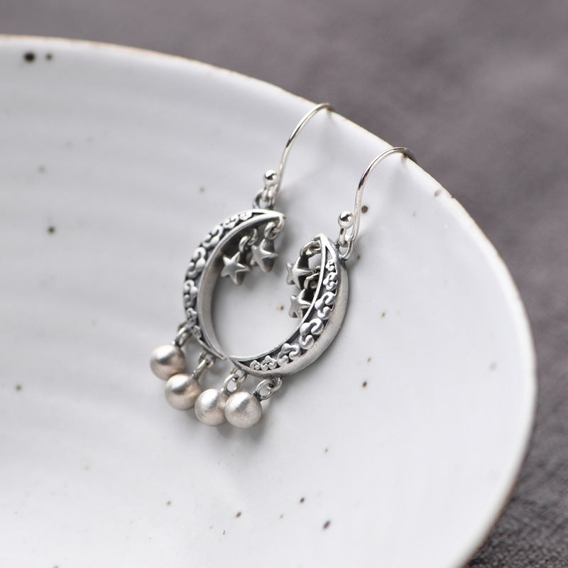 S925 Silver Retro Fashion Artistic Temperament Silver Bead Fringe Earrings Star Crescent Pendant-Jewearrings