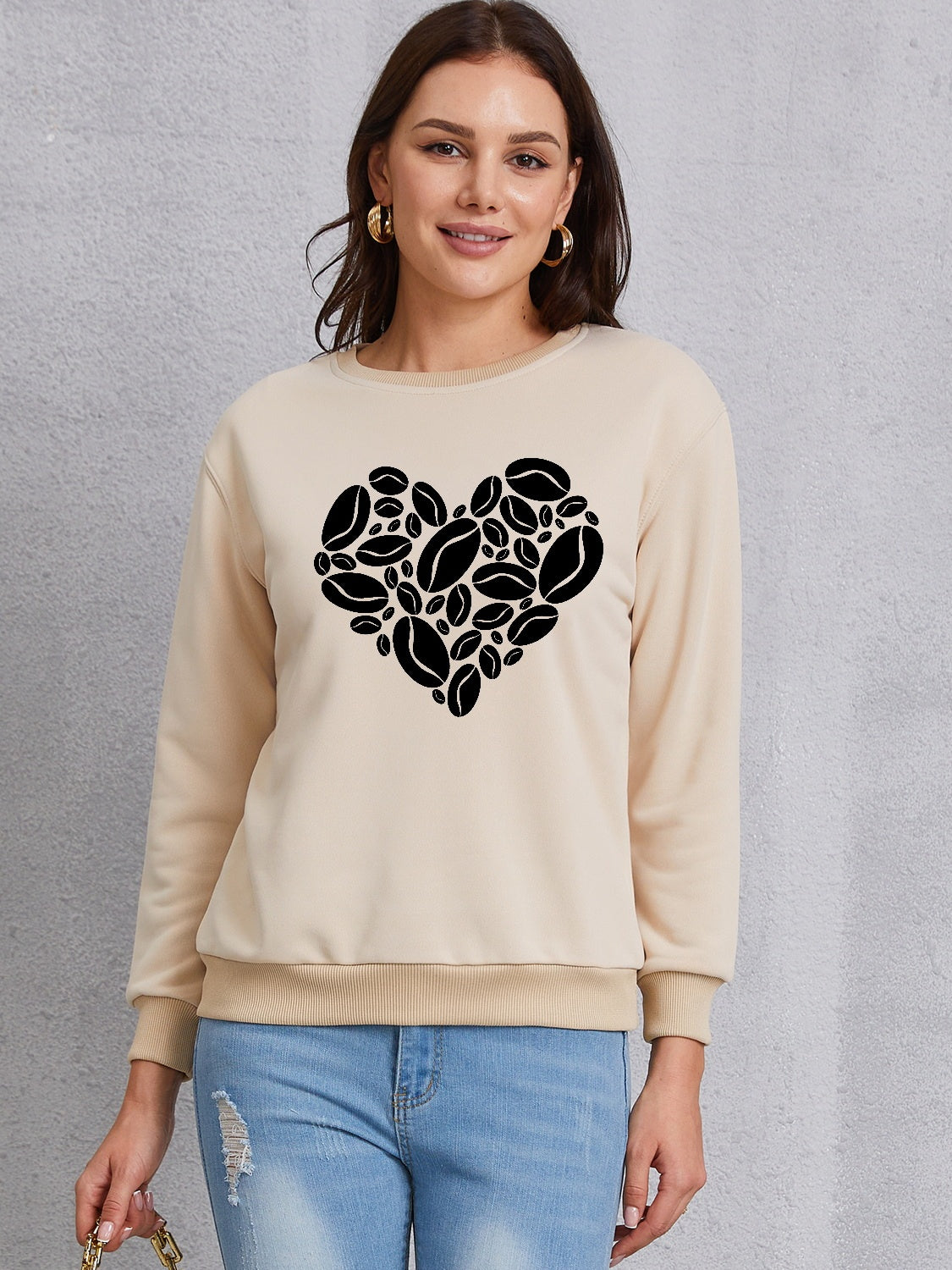 Heart Round Neck Dropped Shoulder Sweatshirt-Jewearrings