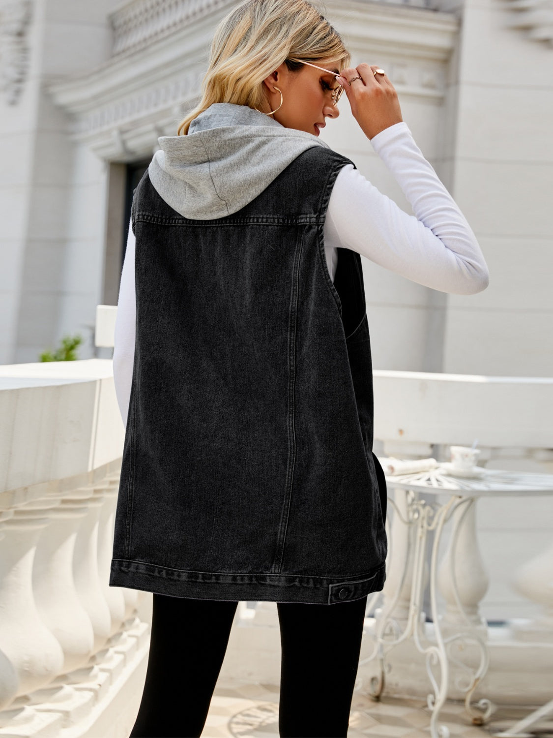 Drawstring Pocketed Button Up Sleeveless Denim Jacket-Jewearrings