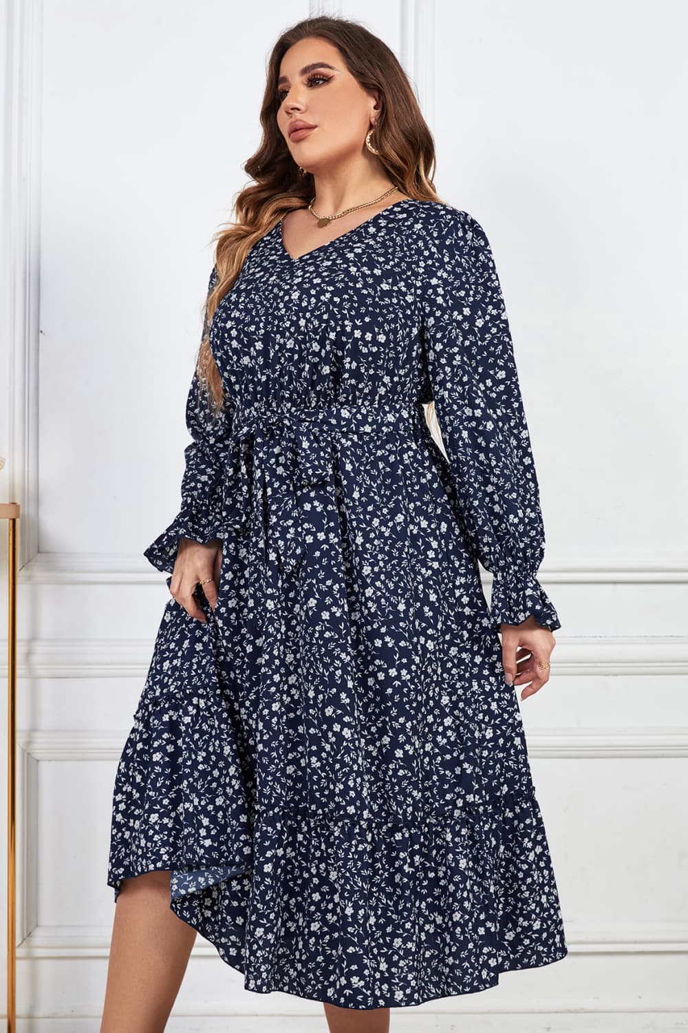 Melo Apparel Plus Size Floral Print V-Neck Flounce Sleeve Midi Dress-Jewearrings