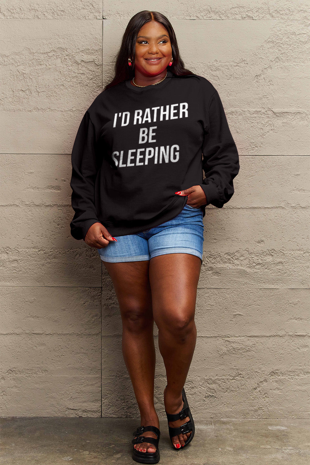 Simply Love Full Size I'D RATHER BE SLEEPING Round Neck Sweatshirt-Jewearrings